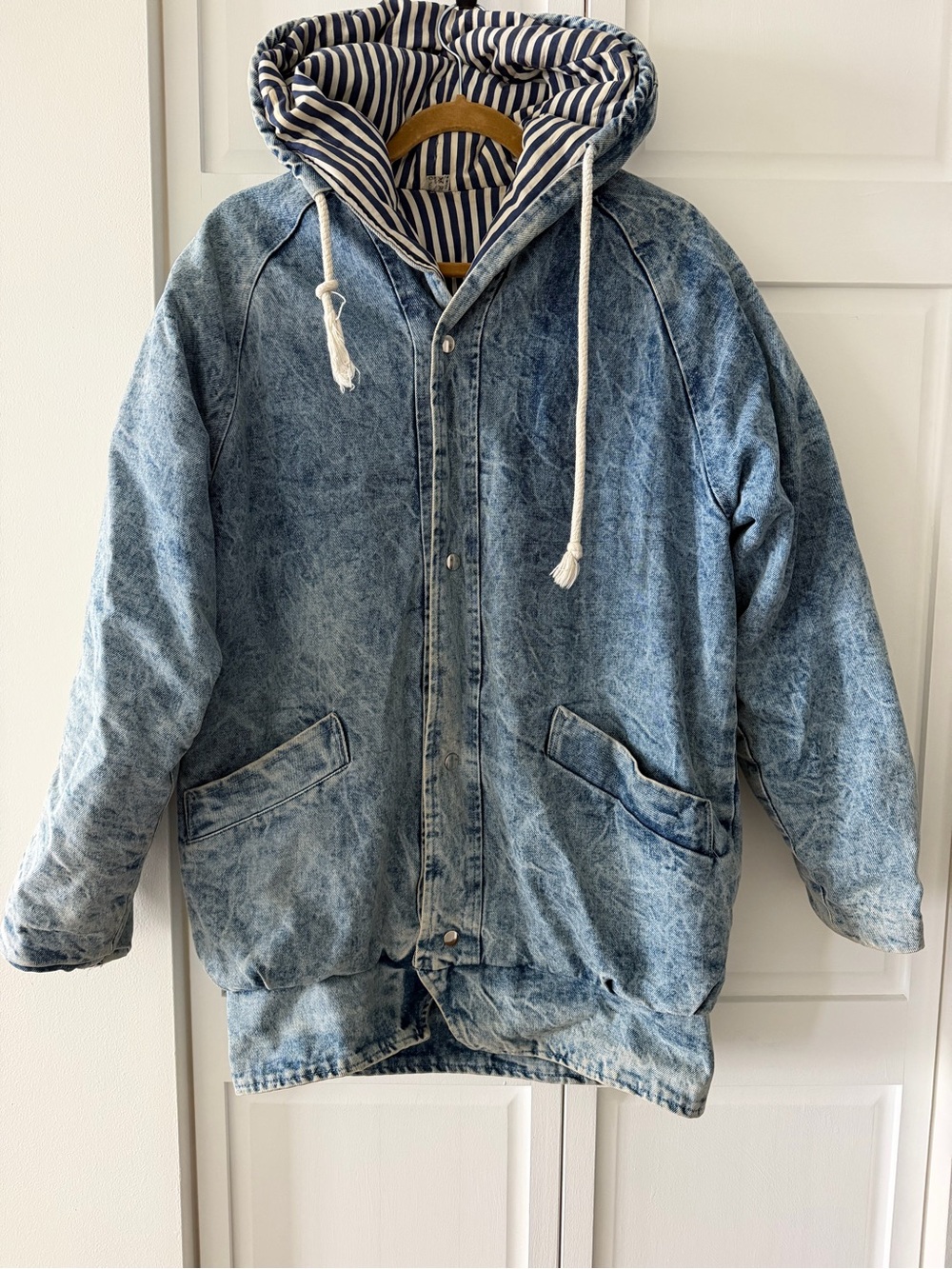 Vintage Acid Wash Denim Parka Padded Hooded Jacket 90s Unisex Size M/L